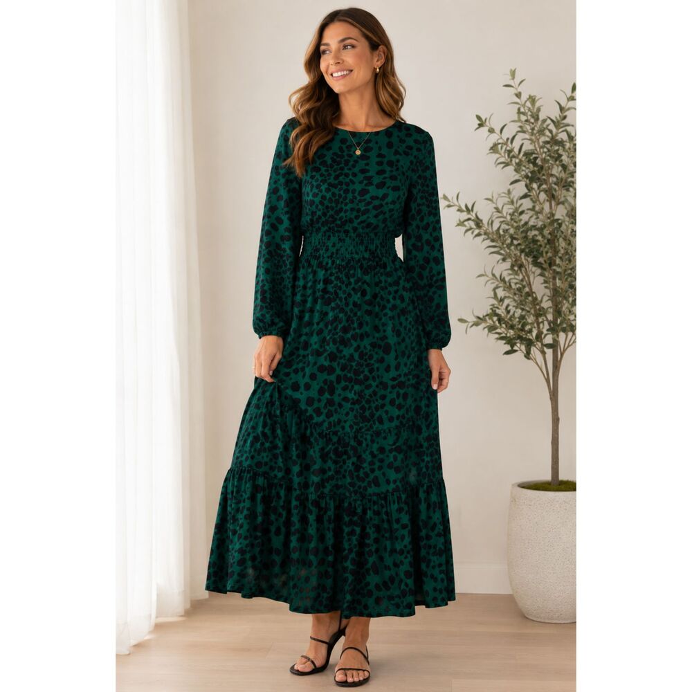 G By Giuliana Women’s XXSP Green Leopard Print Tiered Midi Dress Long Sleeve